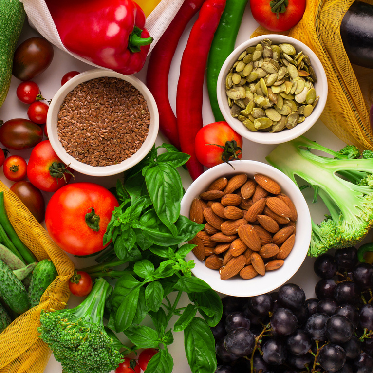 Organic vegetables, fruits and nuts for vegetarian nutrition